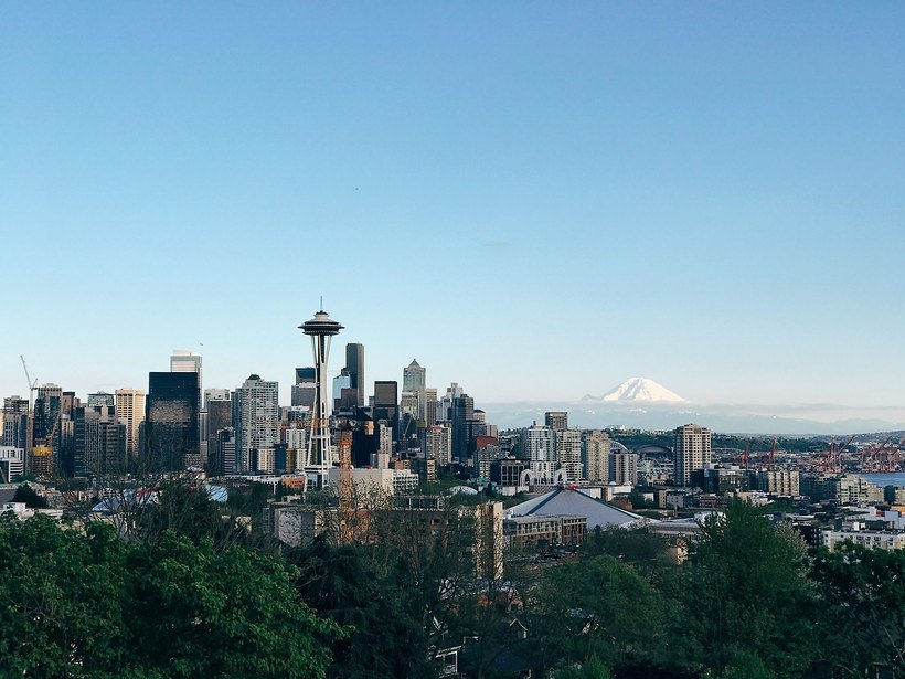 The Seattle skyline with the Space Needle and Mount Rainier beyond